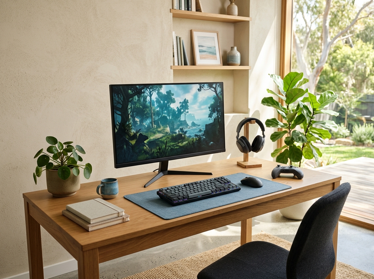 Modern gaming desk and peripherals